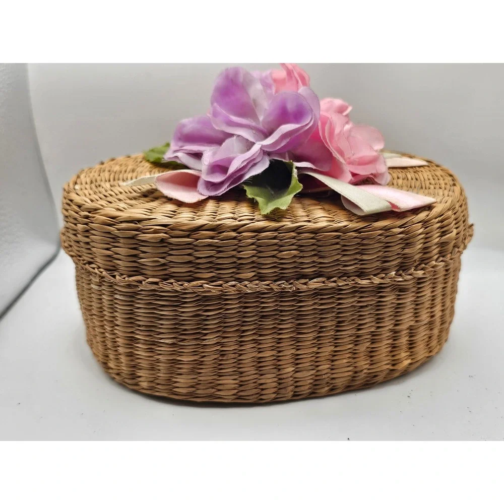 Vintage Wicker Oval Trinket Box with Pink and Purple Fabric Flowers Lid